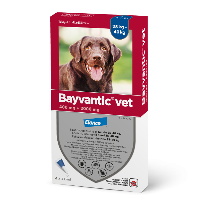 BAYVANTIC VET KOIRILLE 25-40 KG 400/2000 mg paikallisvaleluliuos 4x4 ml