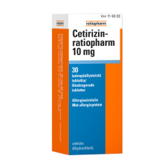 CETIRIZIN-RATIOPHARM 10 mg tabl, kalvopääll 30 fol